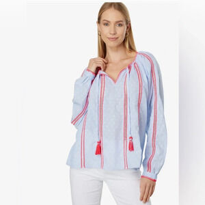 ! Lilly Pulitzer Mardi Long Sleeve Chambray Tassel Top Cotton Clip Blue XL…